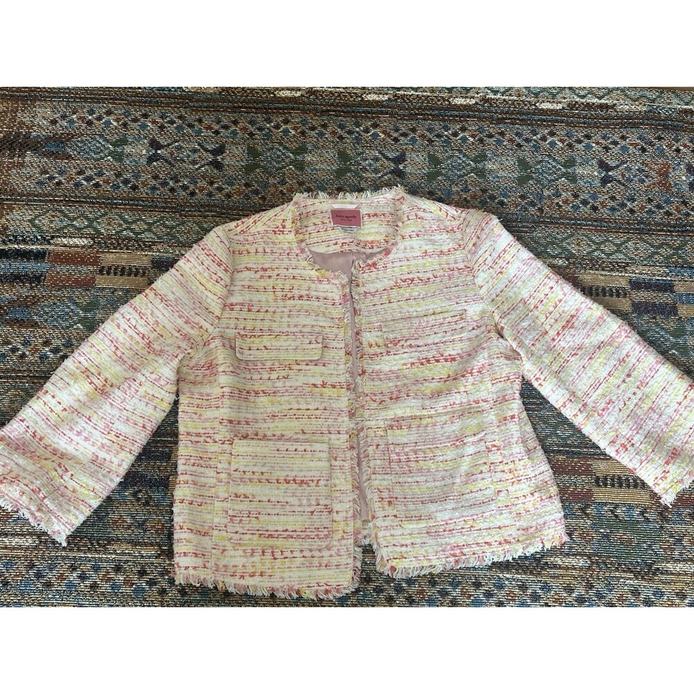 Kate Spade New York Pink Multi Tweed Fringe Open Front Jacket Blazer Size 12